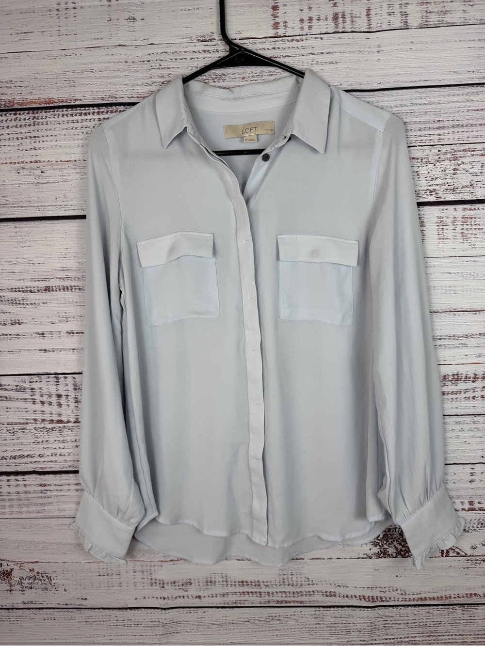 LOFT Petites Ruffle Cuff Button Down Blouse Icy Blue SP
